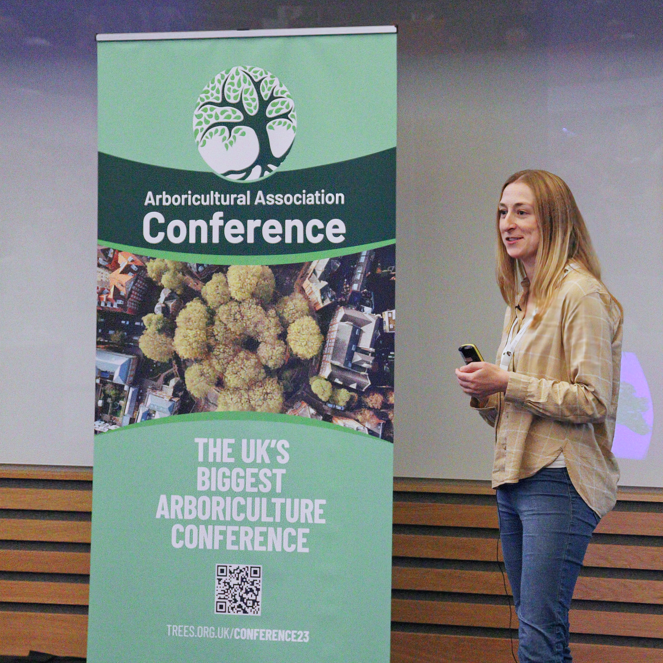 Dr Emma Gilmartin speaking at the 2024 Arboricultural Association Conference