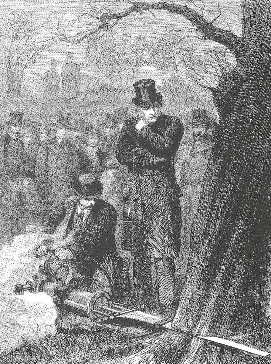 Steam-powered tree felling in 1878, watched by leading politician William Gladstone.